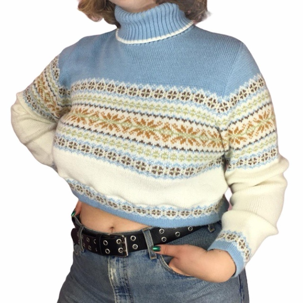 Vintage Plus Size Pastel Blue Snowflake Fair Isle Turtleneck Cropped Sweater 90s